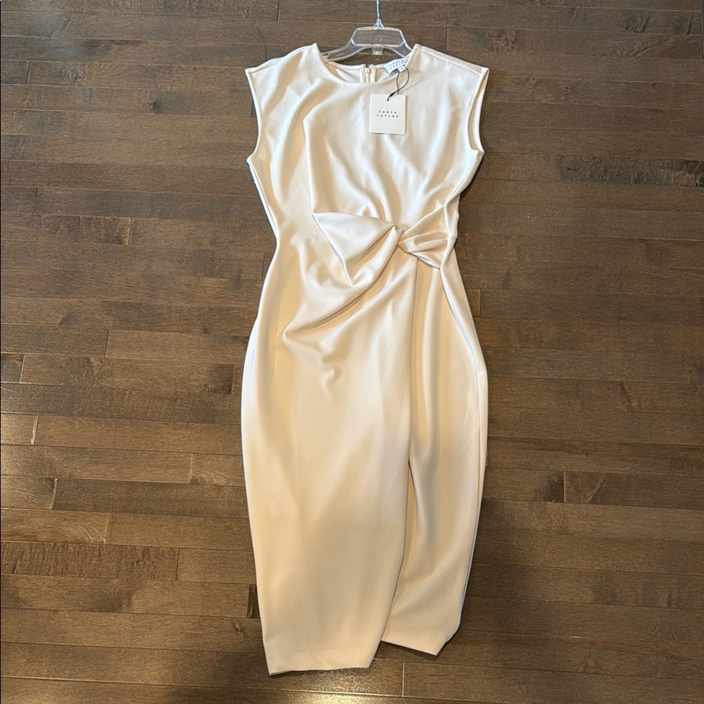 Tanya Taylor Cream Asymmetrical Pleated Midi Dress